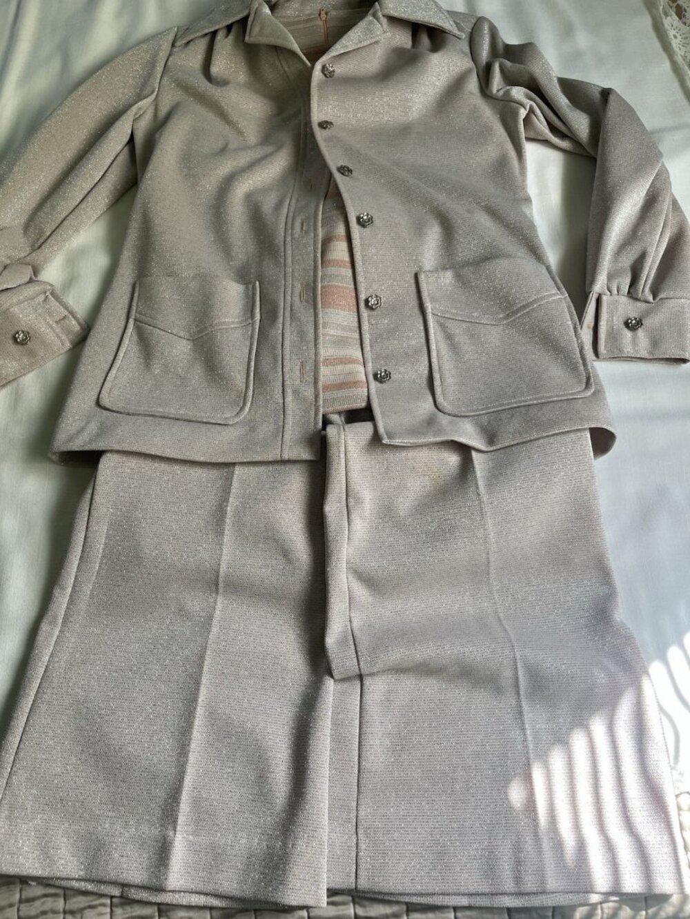 Vintage 60s 70s Montgomery Ward Knit 3 Piece Pant Suit Pink Silver Shimmer SMALL